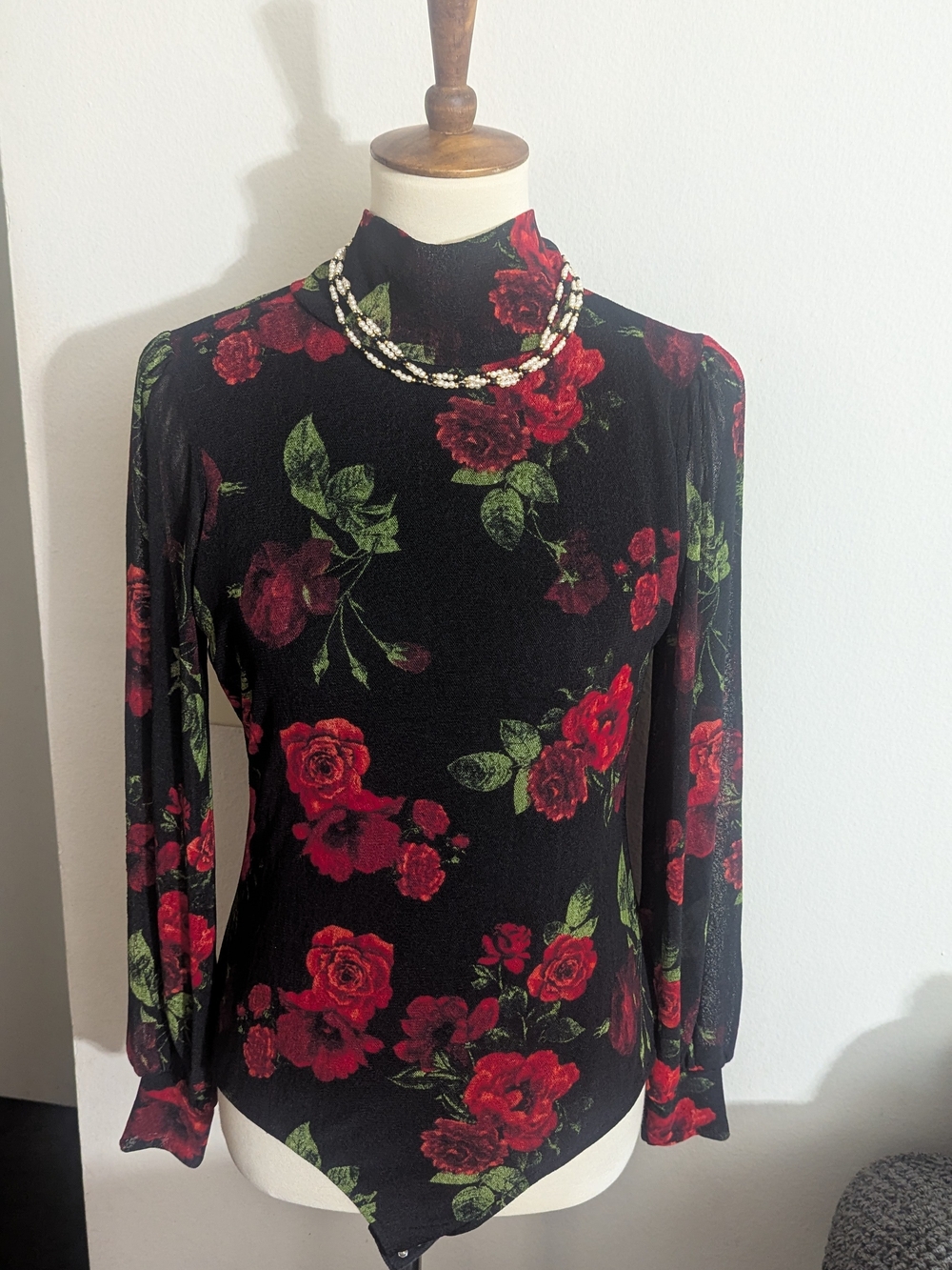 Ember Rose Floral Mesh Mock Neck Bodysuit Size L